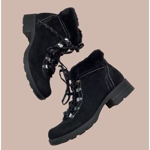 Earth Origins Black Suede Faux Fur Booties Lace Up Ankle Boots Sz 8